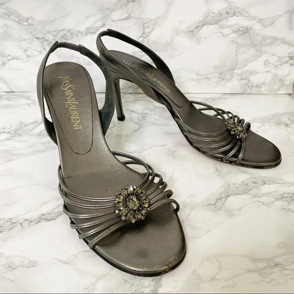 Yves Saint Laurent Grey Silver Leather Crystal Embellishment Heels Size 8 - Picture 6 of 9
